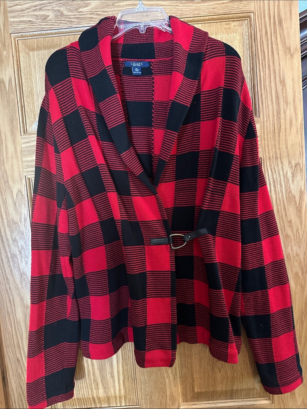Chaps Red and Black Buffalo Plaid Shawl Collar Cardigan with Buckle